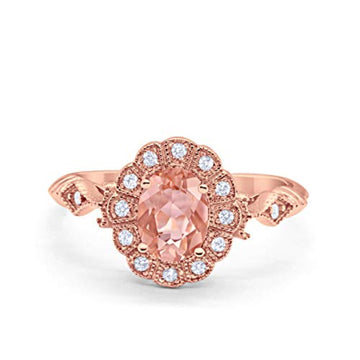 Halo Wedding Bridal Ring Round Rose Tone, Simulated Morganite CZ 925 Sterling Silver